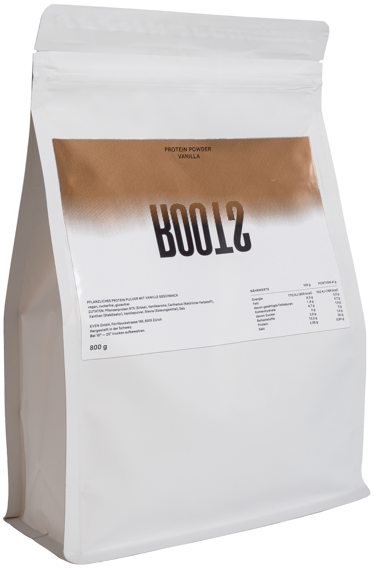 Package of vanilla flavoured protein powder.